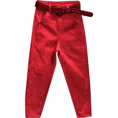 Autumn Fashion Red Hallem Jeans Women Casual Pants Cowboy High Waist Boyfriend Befree Plus Size 4XL 5XL Button Loose Trousers