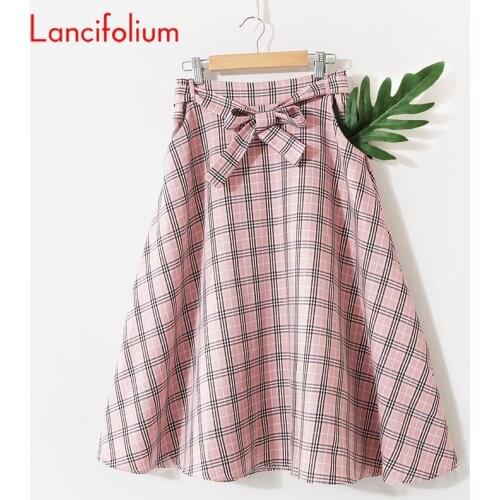 Plaid Elastic High Waist Skirt Women Korean Fashion Pink Midi Skirt Ladies Kawaii School Girl Elegant Summer A Line Skirt Femme