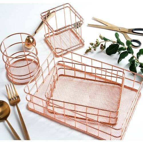 Nordic Grid Dresser Iron Cosmetic Storage Basket Cosmetic Organizer For Small Item Mascara Cosmetic Brush Storage Container Case