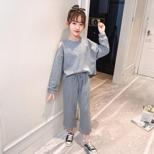 Childrens Suit Big Girls Spring Autumn Off Shoulder Long Sleeve Tops + Wide Leg Pants 2pcs Girls Clothes Set Teen Kids Outfits
