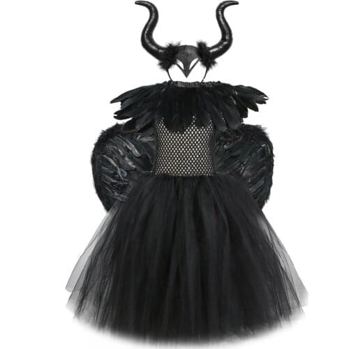 Black Maleficant Halloween Costumes for Girls Kids Evil Queen Long Tutu Dress with Horns Wings Villian Witch Cosplay Outfit Set
