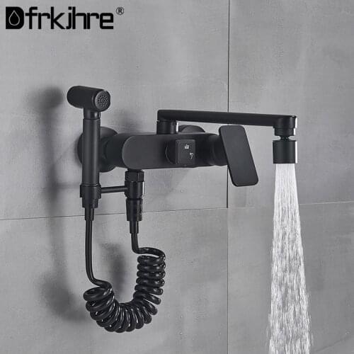 Matte Black Wall Mounted Kitchen Faucet 360 Rotation Spout With Spray Gun Sprayer Head Hot Cold Water Dual Spout Crane Mixer Tap