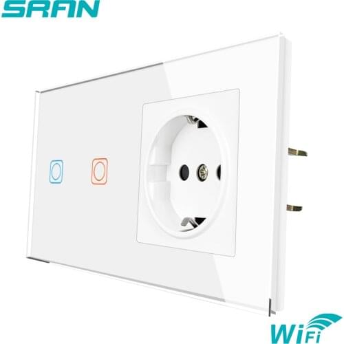 SRAN Tuya App EU 2Frame Wireless Switch And Socket Crystal Glass Panel 153*82mm 16A Wall Socket With Smart Switch 2Gang touch