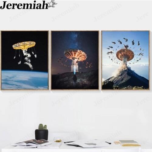 Rotating Flying Chair Canvas Poster Universe Abstract Ferris Wheel Painting Wall Art Nordic Room Living Room Decoration