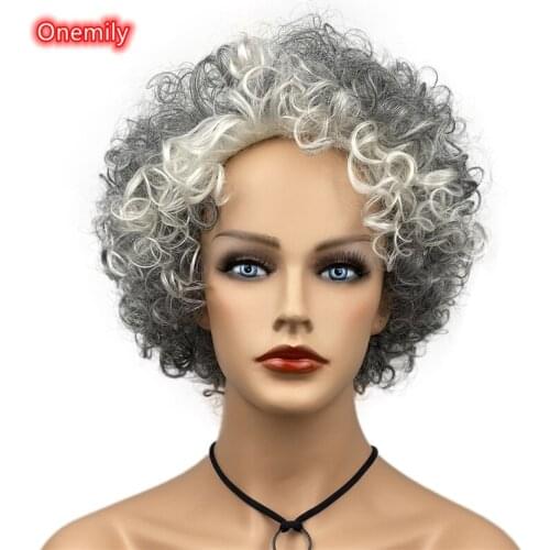 Onemily Dark Gray Cream Mixed Short Curly Black Women Wigs Heat Friendly Smooth Natural Hair