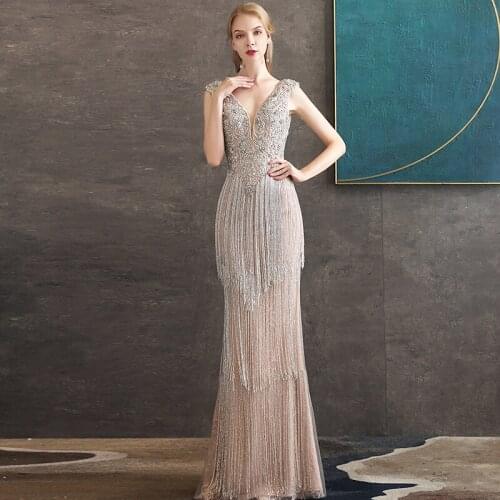 Luxury Champagne Mermaid Evening Dress Deep V-Neck Sexy Backless Long Prom Dress Crystals Beading Wedding Gowns Pageant Dresses
