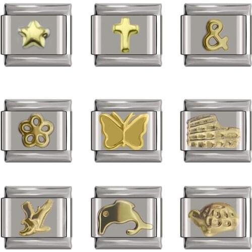 Hapiship Popular Top Original Gold Daisy Butterfly Cross Italian Charm Fit 9mm Bracelet Stainless Steel Jewelry Making DJ192