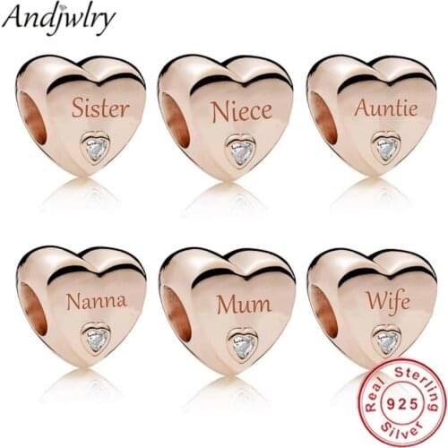 Fit Original Pandora Charms Bracelet 925 Sterling Silver Rose Gold Heart Charm Wife Sister Mum Beads 925 Silver Jewelry Berloque