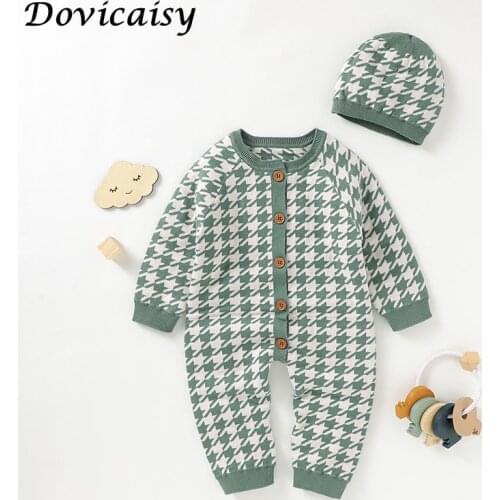 Newborn Knitted Baby Romper Cotton Girl plaid Jumpsuit Hat Outfit Long Sleeve Autumn Toddler Boy Infant Clothing Winter Playsuit