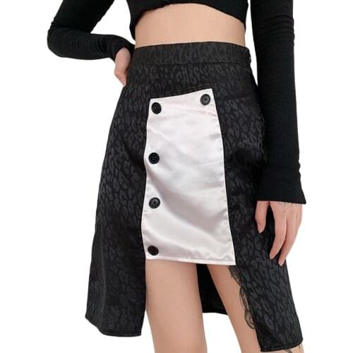 Womens Leopard Print Stitching Skirt Female Slim Hip Button A-line Slim Mini Skirt Fashion High Waist Short Dress