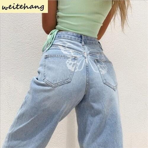 Spring new Hip Butterfly Print Jeans Y2k Harajuku Fashion Jeans Women Streetwear Casual Baggy Straight High Waist Jeans 190