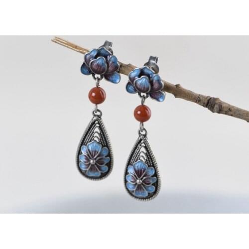 100% real S925 pure silver jewelry peony cloisonne filigree fringed earrings for woman white jade agate women earrings