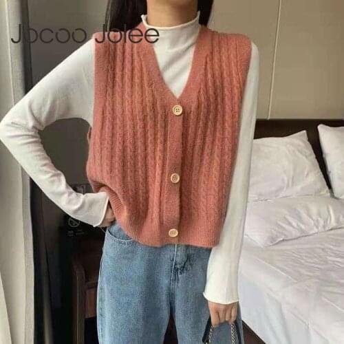 Jocoo Jolee Women Retro Twist Sweater Vest Elegant Solid Sleeveless Pullover Casual Button Waistcoat Autumn Korean Chic Outwear