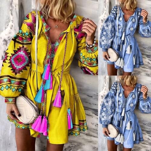 New Fashion Women Boho Floral Print Long Sleeve Mini Dress Stylish Ladies V Neck Flower Holiday Party Dresses Beach Sundress