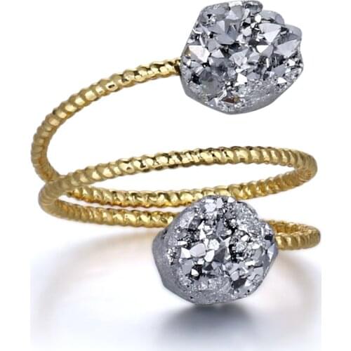 2020 Trendy Natural Double Crystal Ring Jewelry 24k Gold Plating Wire Wrapped Sparkly AB Titanium Druzy Stone Ring For Women