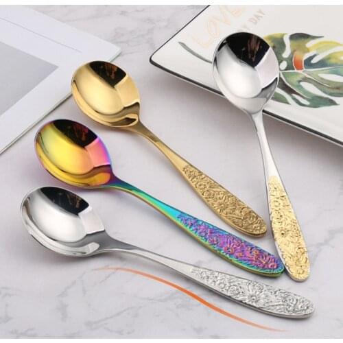 6Pcs 18/10 Stainless Steel Carving Rose flower Coffee Spoon Teaspoon Dessert Ice Cream Gold Spoon Tableware Gift