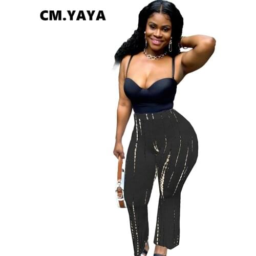 CM.YAYA Women Pants Print Elastic Mid Waist Stretchy Skinny Long Flare Pants Fashion High Streetwear Casual Trousers Summer 2021