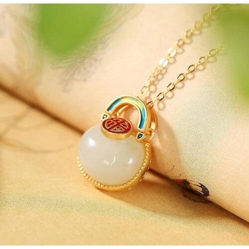 Fu Character Everything Lock of Good Wishes Ladies Pendant New S925 Sterling Silver Gilding Fidelity Hotian Jade Pendant Retro P
