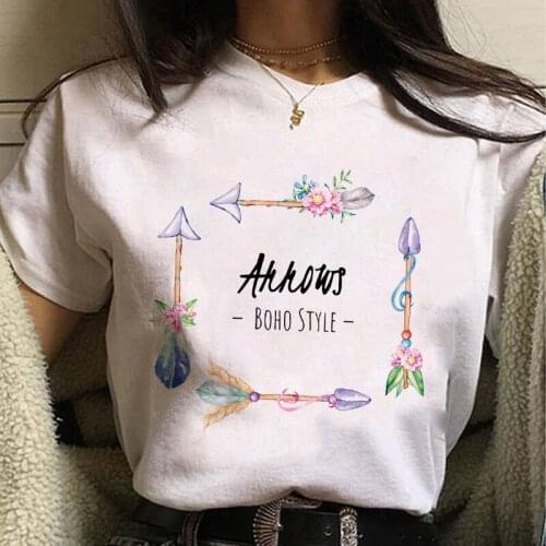 Feather Graphic Print Women Tee Shirts Cute Ulzzang Harajuku Casual White Round Neck Summer Female Tshirt