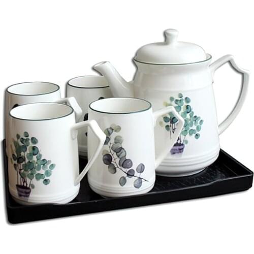 Ceramic Coffee Tea Set Kettle Cup Nordic White Green Plants Tray Water Ware Bar Decoration Household Kitchen Supplies Drinkware