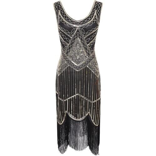 Popodion Cocktail Dresses Vintage Sequin Cocktail Dress Beaded Tassel Dress Banquet Short Dress N1027