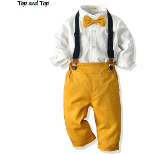Top and Top Fashion Kids Boy Gentleman Clothing Set Long Sleeve White Shirt Tops+Overalls Clothes Outfit Boy Formal Suit Bebes