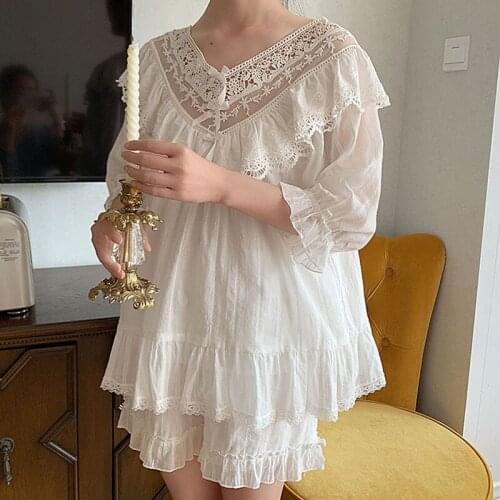 Summer Home Suit Retro Court Pajamas for Women Cute Sweet Half-sleeved Pijamas Womens Princess Lace Cotton Short Sleepwear Set