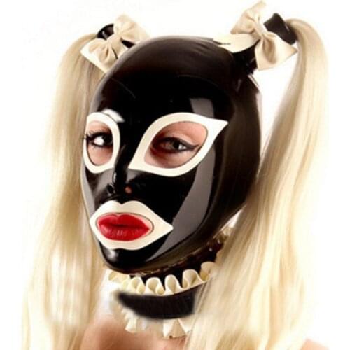 2019 new hot sexy exotic lingerie black latex rubber chiffons mask hoods hood with bows&wig and neck collar party club fetish