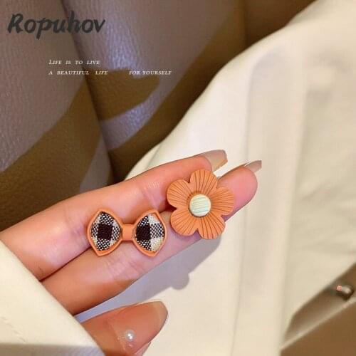 ROPUHOV 2021 New Korean Trendy Jewelry 925 Silver Needle Flower Bow Asymmetric Earrings Female Autumn Sweet Earrings Female