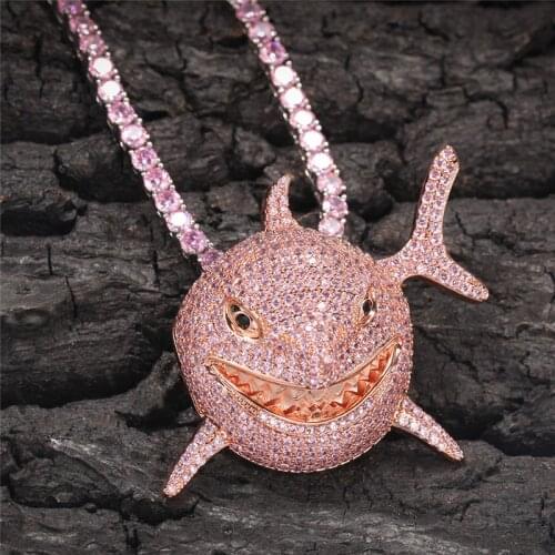 New Hip Hop Rose Pink Shark Pendant Pave AAA Zircon Necklace With Iced Out Crystal Tennis Chain Choker