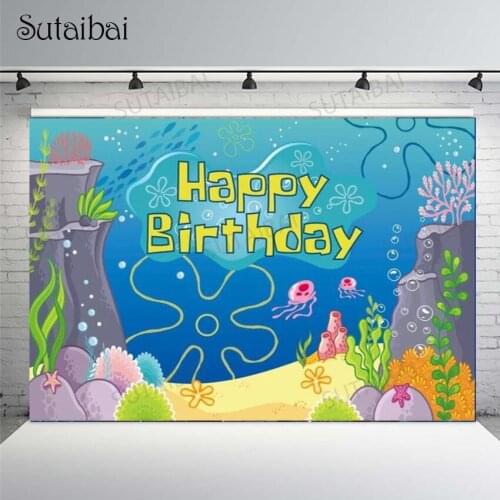 Undersea Birthday Backdrop Sponge Boy Jellyfish Coral Photography Background for Kids Baby Shower Party Decor Supplies Photocall