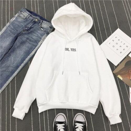 Autumn Winter Fleece Oh Yes Letter Harajuku Print Pullover Thick Loose Women Hoodies Sweatshirt Female Casual Coat NS4394