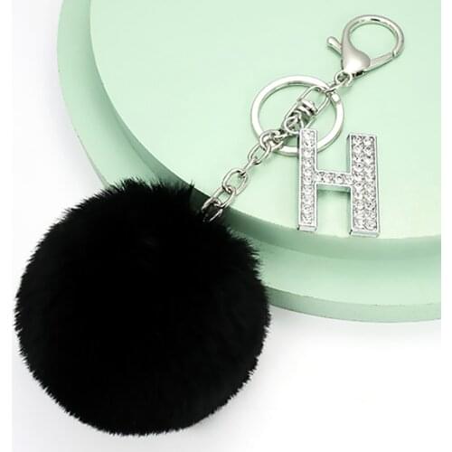 Fluffy Black Pompom Faux Rabbit Fur Ball Keychains Crystal Letters Key Rings Key Holder Trendy Jewelry Bag Accessories Gift