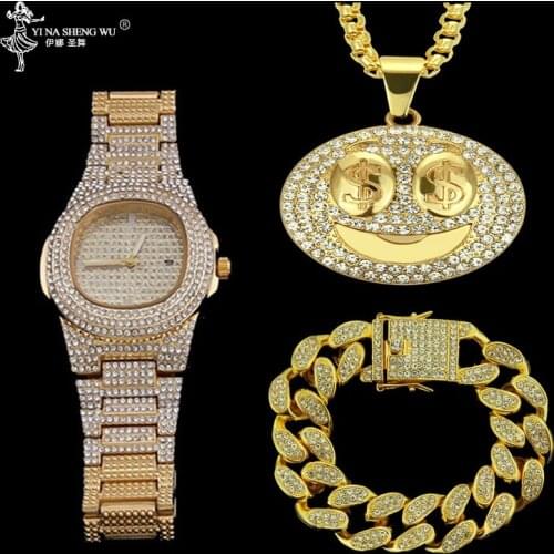 Luxury Gold Watch Hip Hop Men Jewelry Watch & Bracelet& Necklace Combo Set Pendant Ice Out Cuban Necklace Smiley Face Jewelry