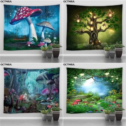 Fantasy Forest Scenery Tapestry Wall Hanging Decor Magic Tree Mushroom Butterfly Elf Living Room Backdrop Cloth Blankets Carpet