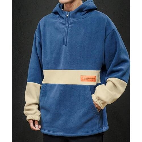 Fleece Hoodie Sweatshirt Men 2021 New Zipper Collar Harajuku Hoodies Men High Street Hooded Sweatshirts Fashion Patchwork Tops