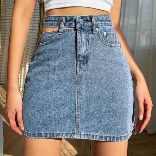 2021 New Womens Summer Fashion Hollow Wash Denim Skirt Slim Body Show Thin Hip Wrap Skirt Casual Clothing