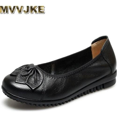 MVVJKE 2020 Summer Genuine Leather Flat Shoes Women Slip-On Bowknot Soft Bottom Comfortable Low Heel Genuine Leather Woman Shoes