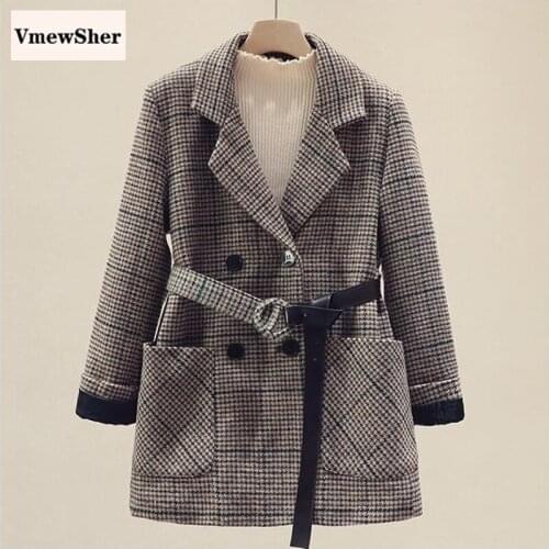 VmewSher New Chic Glaid Women Casual Blazer Jacket Office Lady Pockets Work Suit Coat Thick Ladies Business Blazers with Belt