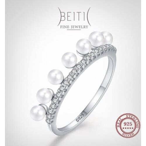 Beitil Real 925 Sterling Silver Elegant Pearl Crown CZ Finger Ring For Women Classic Luxury Wedding Accessories Jewelry GIFT