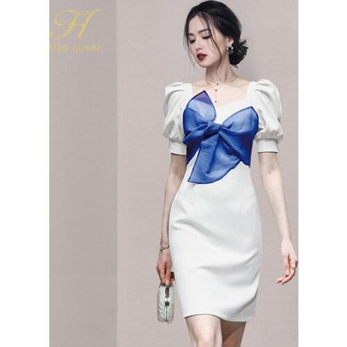 H Han Queen Summer Patchwork Women Pencil Dress Bow Puff Sleeves Knee-Length Sheath Dresses Elegant Work Slim Bodycon Vestidos