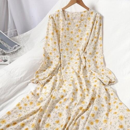 Womens Chiffon Dress Womens Retro Floral Long Sleeve Bow Midi Dress Spring Autumn Dress
