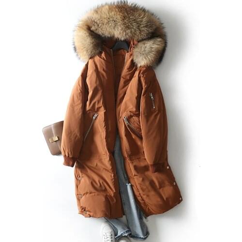 2020 Women winter warm coat raccoon fur collar long hooded down jacket plus size loose outwear long Mujer Parkas womens clothing