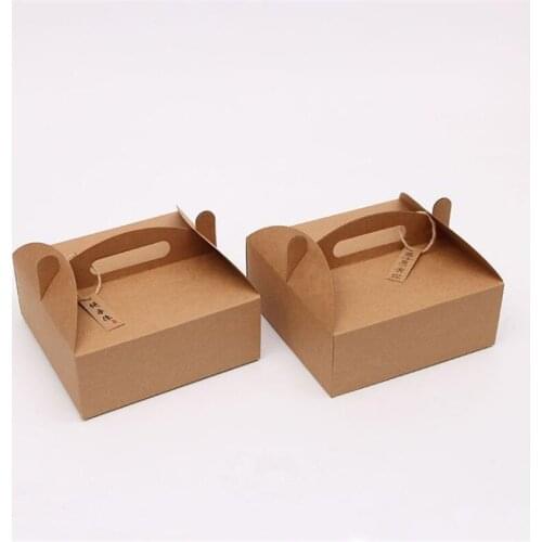 20x20x8cm Blank Brown Kraft Paper Pizza Boxes Dessert Pastry Packaging With Handle Wedding Party Favor Cake Box 10pcs/lot