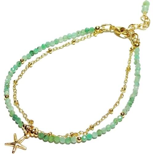 Lii Ji Real Emerald Beaded American 14K Golf Filled 2 Row Chain Link Bracelet Natural Green Stone Starfish Charm Bracelett