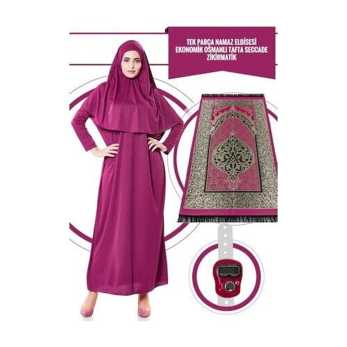 One-Piece Prayer Gown-Fuchsia-5015 & Prayer Rug & Zikirmatik - Ü