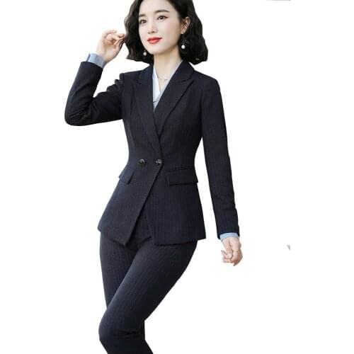 Blue Black Pant Suit Women S-5XL Professional Office Lady Work Wear Striped Jacket Coat And Trousers 2 Piece Set