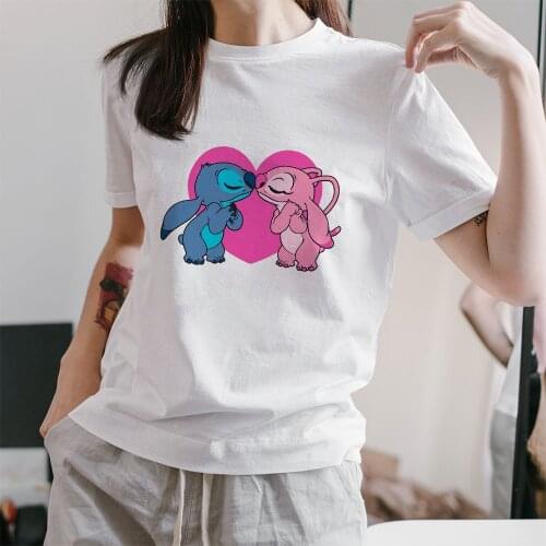 Disney Cartoon Pattern Lilo & Stitch Women T-shirts Kawaii White Four Seasons Dropship Outdoor o-Neck Summer New T Shirt Female