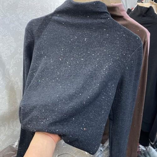 Double-sided German Velvet Glittering Starry Sky Bottoming Shirt Womens Autumn And Winter Thick Warm Half High Neck T-shirt Top