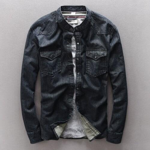 Spring New Fashion Black Jeans Shirt Men Cotton Stand-Collar Denim Shirt for Men Designer Brand Mens Shirts Camisa masculina